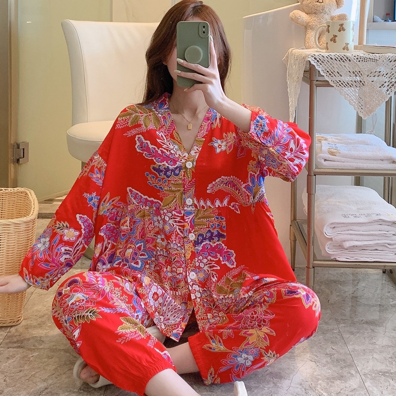 红色睡衣女棉绸春秋长袖妈妈家居服绵绸夏薄款人造棉套装胖MM大码