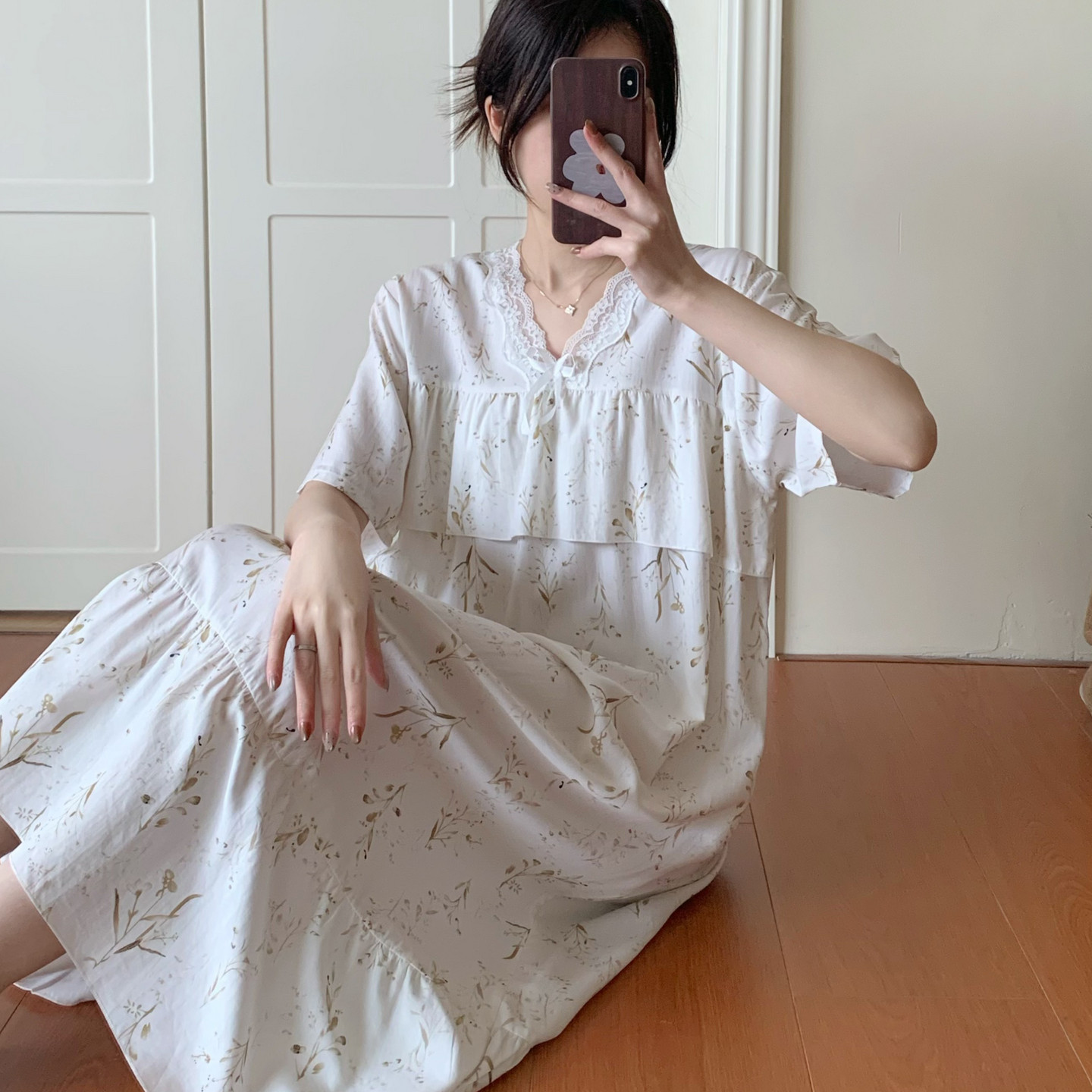 棉绸睡裙女夏短袖裙子绵绸人造棉薄款家居睡衣裙时尚洋气连衣裙