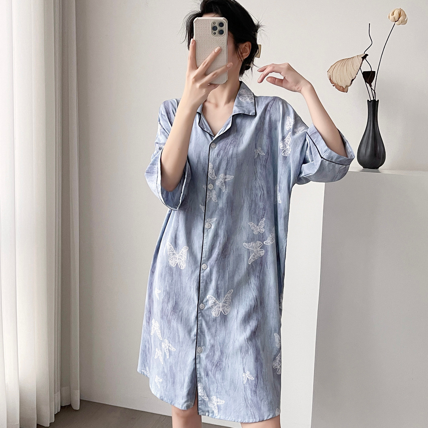夏季棉绸短袖衬衫睡裙