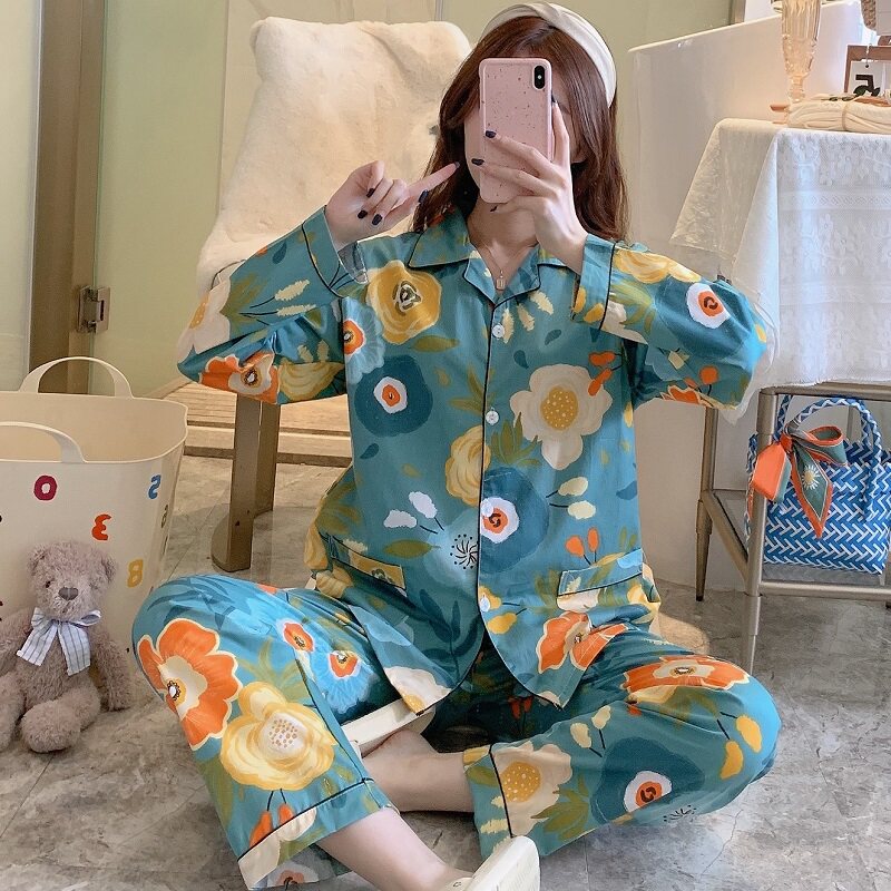纯棉睡衣女春秋长袖梭织棉布