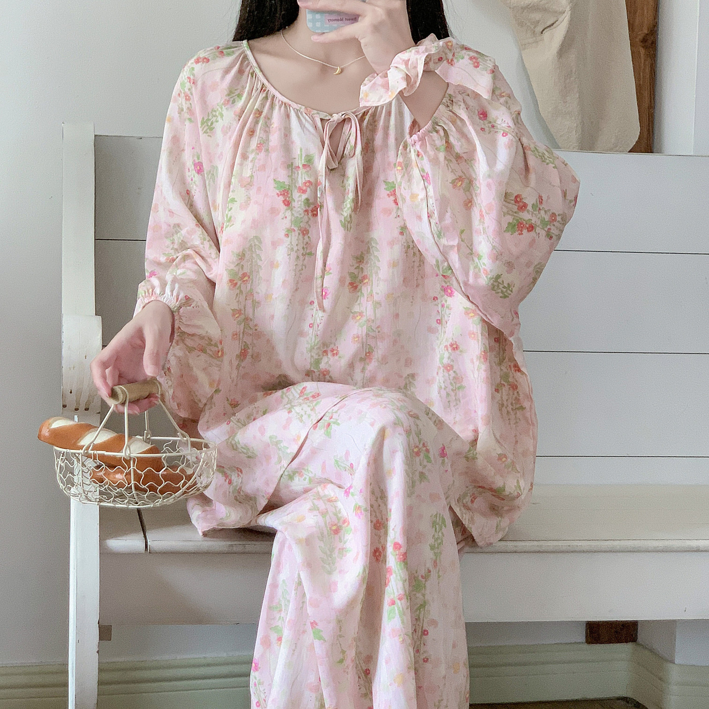 外穿带胸垫睡衣棉绸女春秋夏薄绵绸妈妈家居服人造棉套装大码流行
