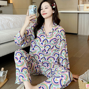 韩系棉绸睡衣女春秋夏妈妈长袖 薄款 人造棉家居服绵绸中年柔软套装
