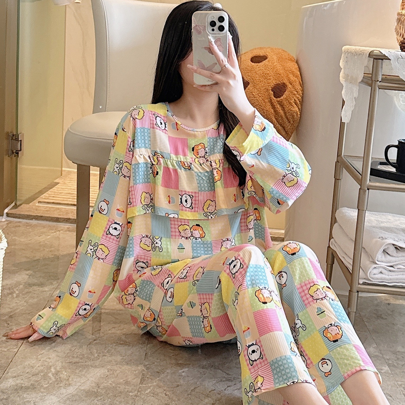 防凸点棉绸睡衣女春秋夏薄长袖人造棉家居服绵绸套装大码可爱卡通