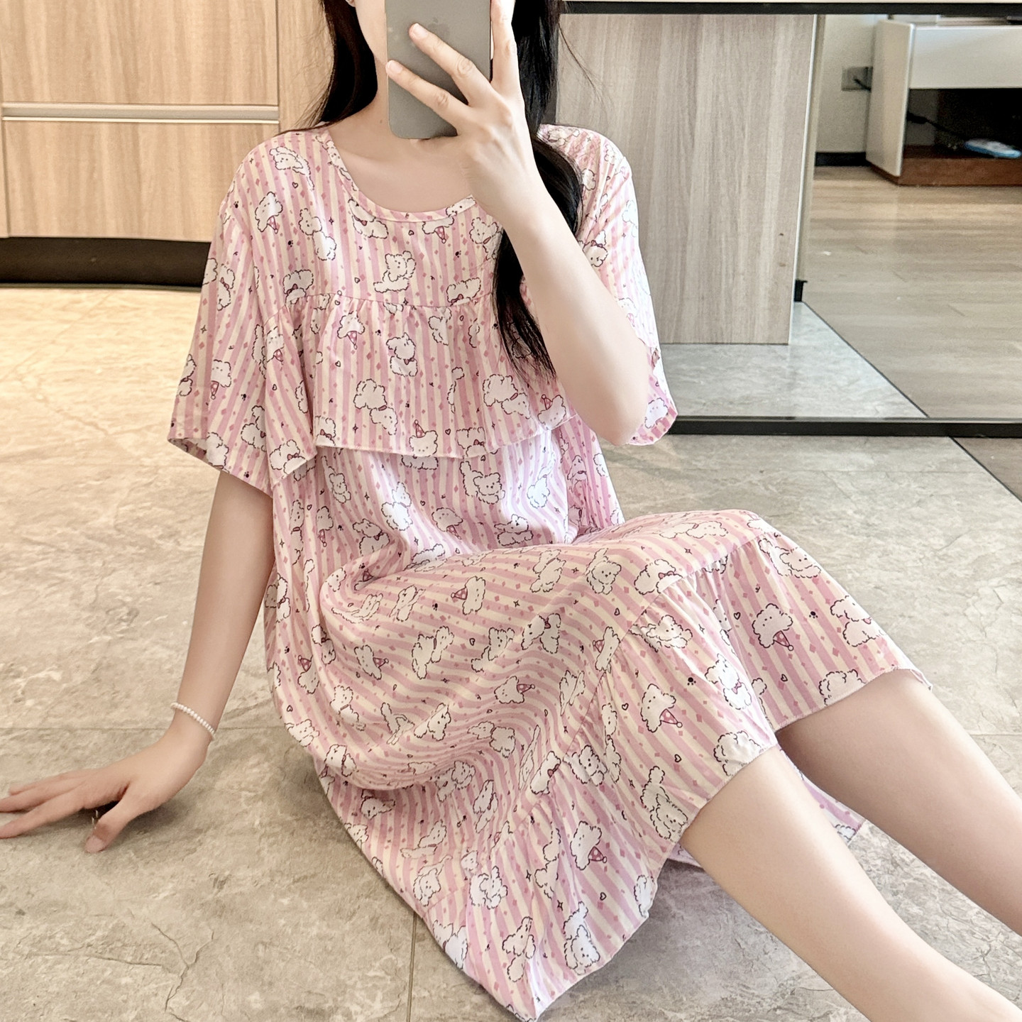 外穿防凸点棉绸睡裙女夏短袖绵绸睡衣孕妇人造棉薄连衣裙大码可爱