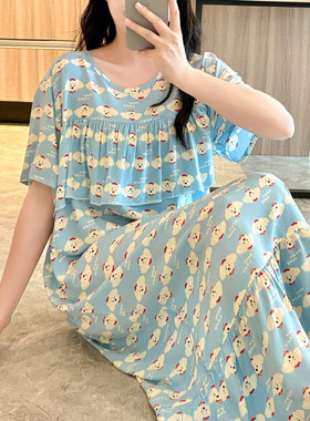 长款防凸点棉绸睡裙女夏短袖绵绸睡衣连衣裙人造棉可爱初中生女孩