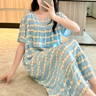 长款防凸点棉绸睡裙女夏短袖绵绸睡衣连衣裙人造棉可爱初中生女孩