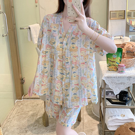 超火棉绸睡衣女夏短袖短裤人造棉家居服绵绸套装大码胖MM年轻可爱