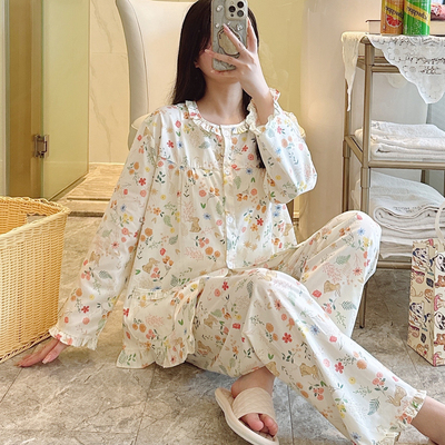 纯棉睡衣女春秋长袖夏季薄款全棉家居服棉布春夏套装大码可爱网红