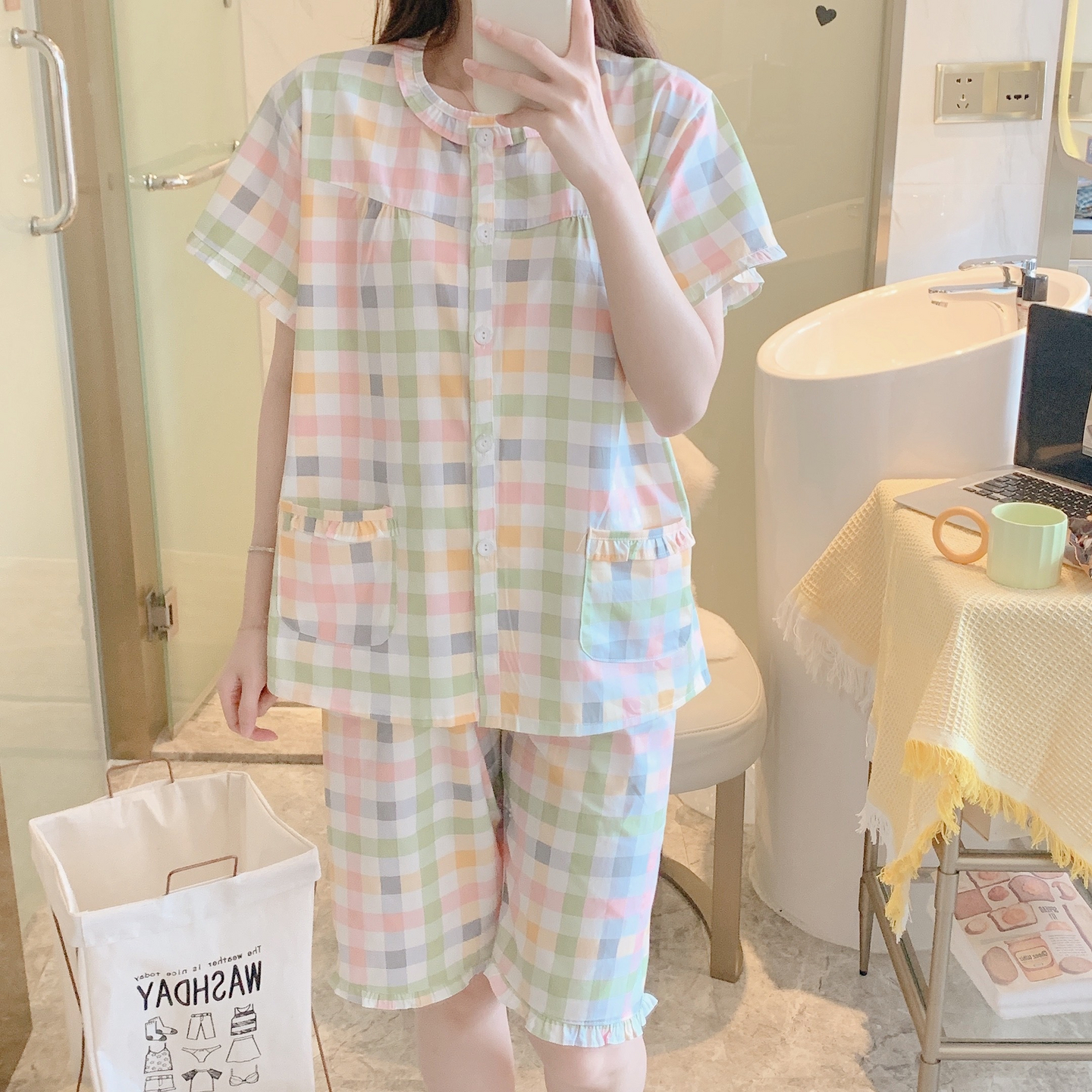 纯棉睡衣女夏短袖短裤全棉家居服妈妈棉布套装小个子外穿日系格子