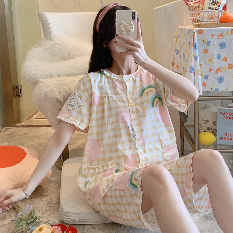 纯棉女生睡衣春夏梭织棉布短袖短裤开衫两件套装薄家居服卡通全棉