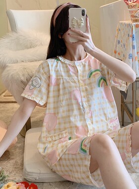 纯棉睡衣春夏梭织棉布短袖开衫