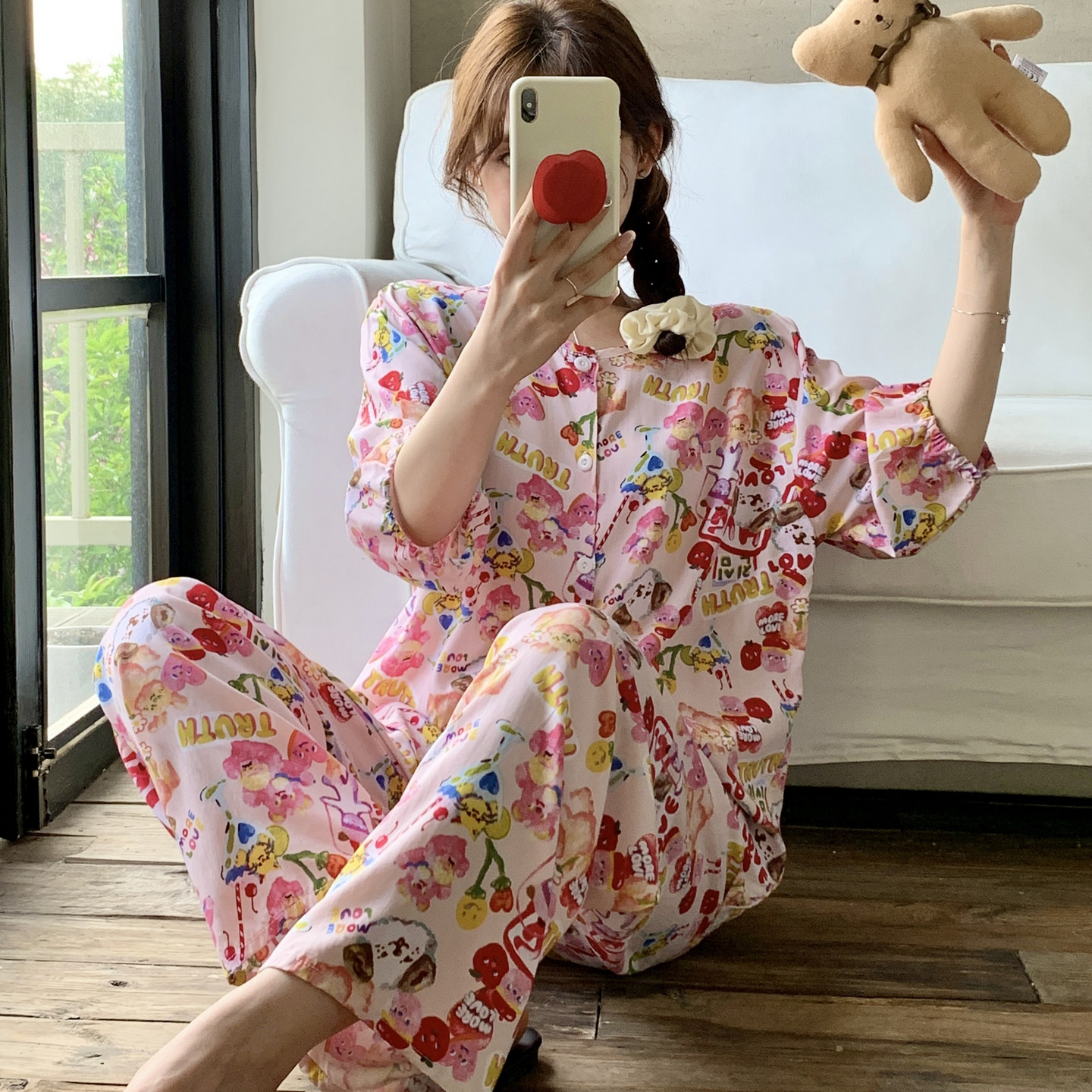 可爱棉绸睡衣女夏短袖长裤人造棉妈妈家居服中袖绵绸薄款套装大码