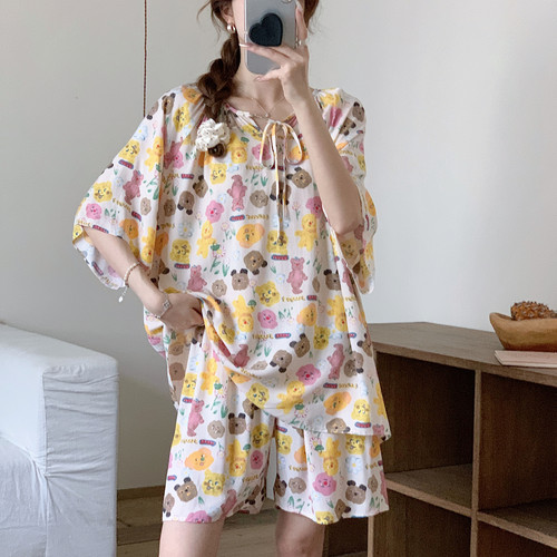 棉绸睡衣女短袖短裤人造棉家居服妈妈绵绸套装大码学生小个子可爱