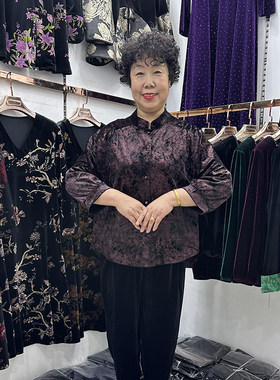 高档妈妈秋季丝绒立领开衫衬衣女45岁55蝙蝠袖洋气小衫遮肚t恤新
