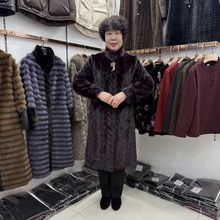 高贵妈妈秋冬新款 银兰貂外套2024年立领气质皮毛一体妈妈过膝长款
