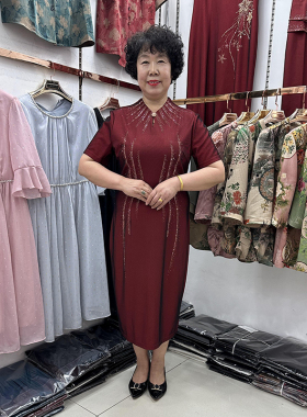 高端妈妈时尚婚礼红色连衣裙短袖礼服改良旗袍遮肚子喜婆婆中长裙
