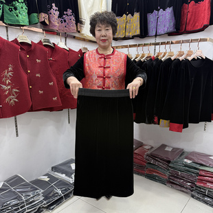 中年人早春新款直筒丝绒半身裙女2026松紧腰后开叉显瘦妈妈裙子