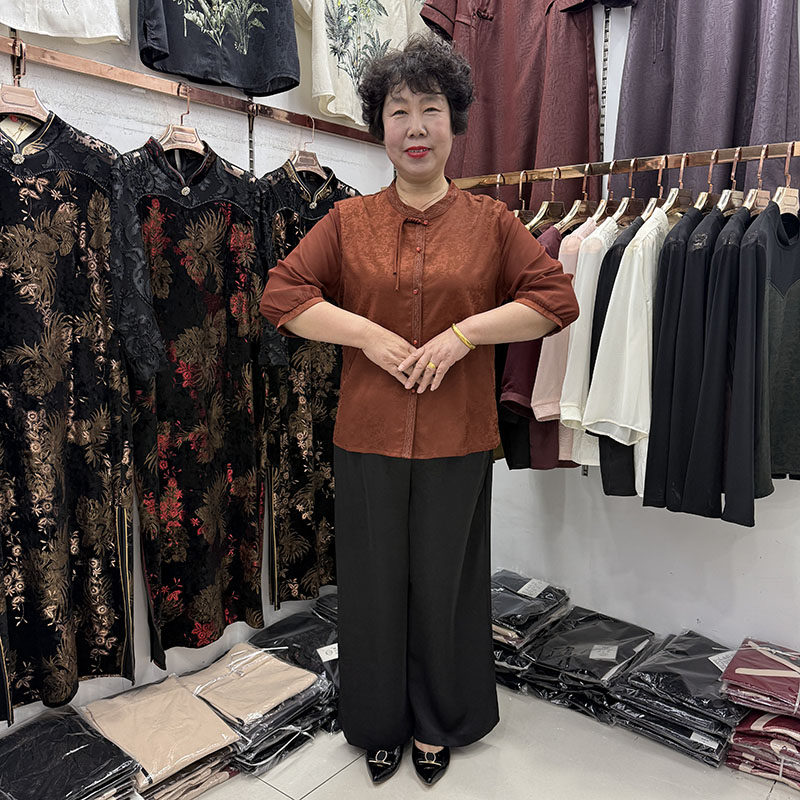妈妈夏天立领真丝t恤衫时尚套装