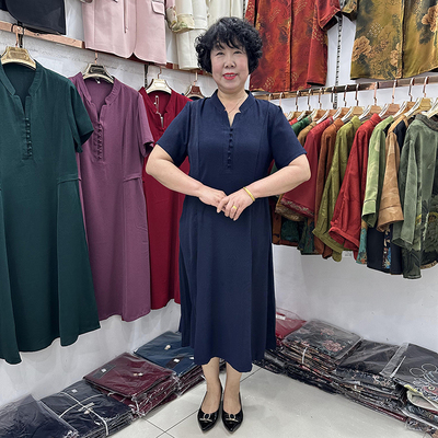 妈妈桑蚕丝V领夏装短袖连衣裙