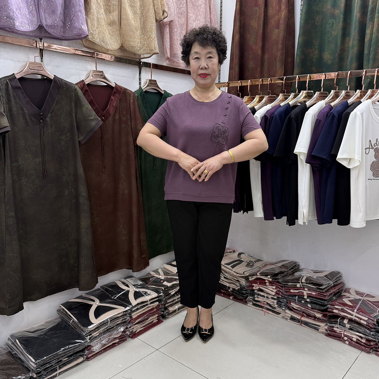 【推荐款】中年人夏装圆领丝光棉t恤衫短袖休闲舒适休闲妈妈套装