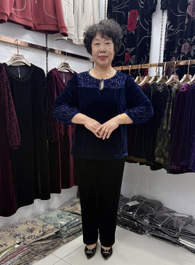 中老年妈妈早秋新款丝绒烧花上衣女镂空洋气打底40-50岁休闲套装