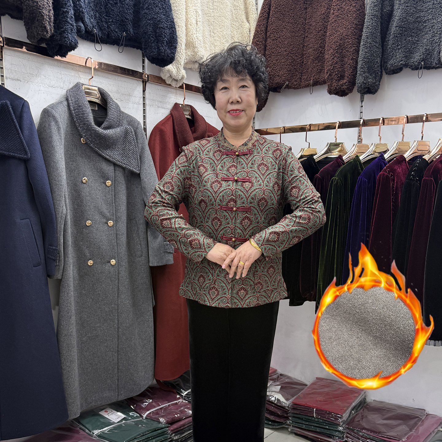 中老年秋冬款民族风圆领澳绒保暖打底衫短款改良旗袍开衫时尚上衣