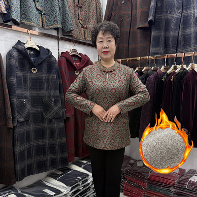 中老年妈妈冬装民族风一体绒长袖打底衫女小个子旗袍加绒保暖小衫