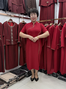 五一喜妈妈婚宴礼服立领简约旗袍红色连衣裙女手工烫钻年轻婆婆夏
