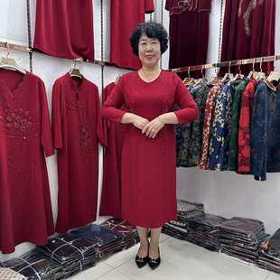 中年妈妈秋冬新款参加婚礼连衣裙女过膝时尚喜婆婆婚宴装高档礼服