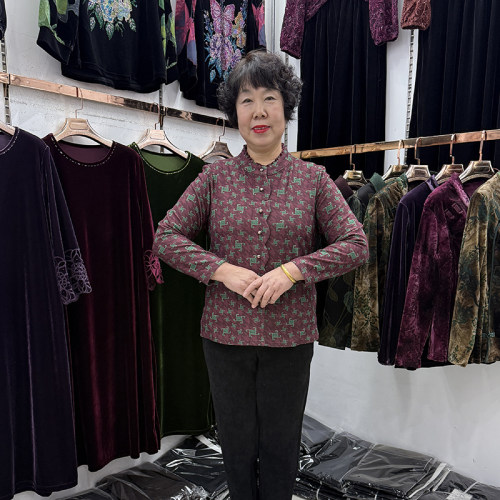 中老年冬季新款立领千鸟格长袖薄绒小衫女套头内搭50多岁妈妈百搭