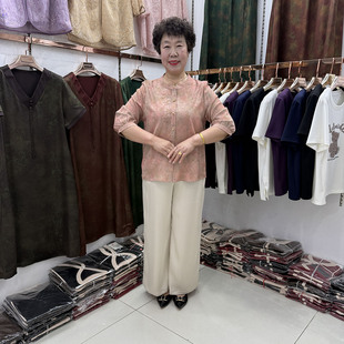 妈妈装夏季新中式刺绣衬衫女中老年宽松透气真丝套装+七分袖小衫