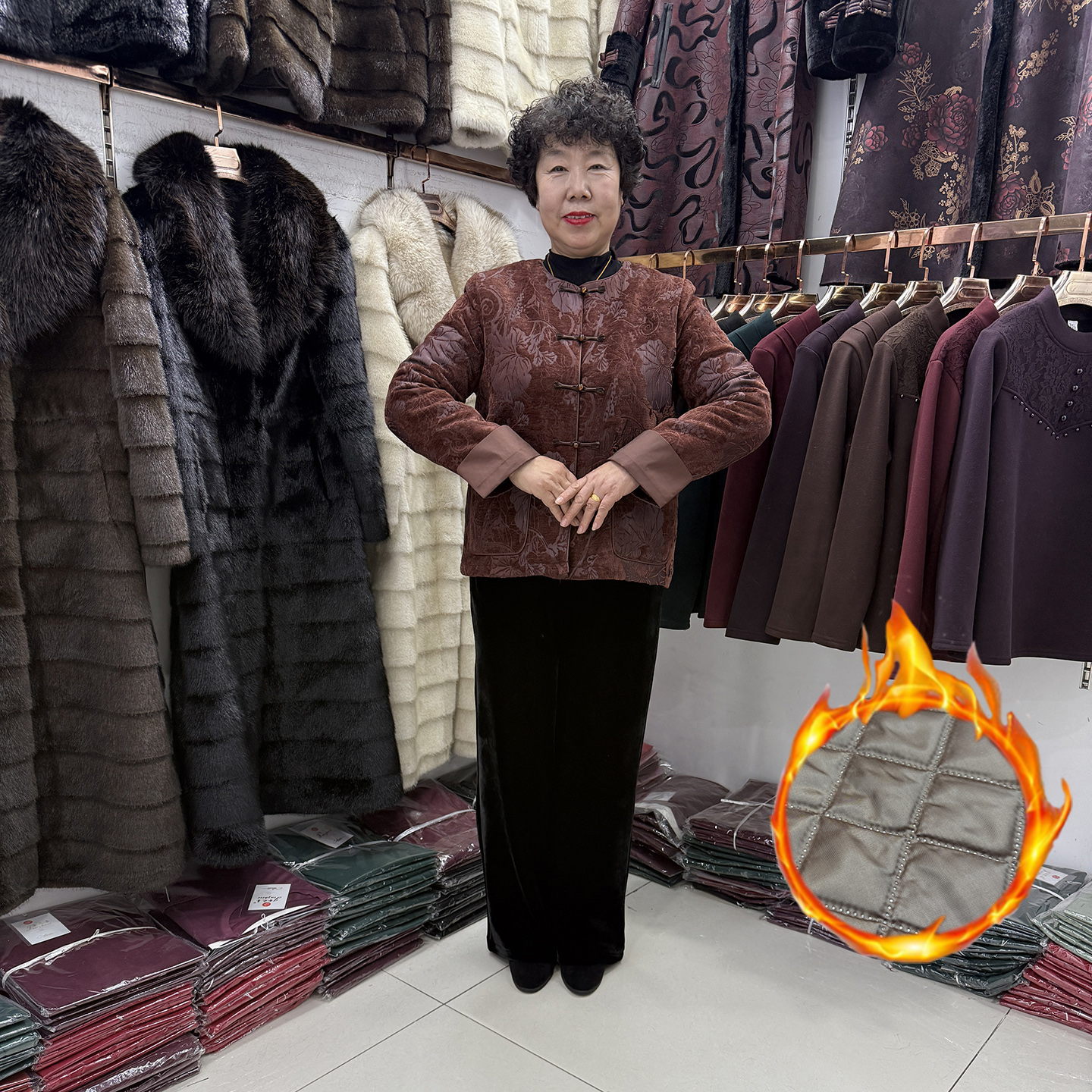 中老年冬装新品圆领厚实保暖棉服外套女2025奶奶休闲套装+加绒裤