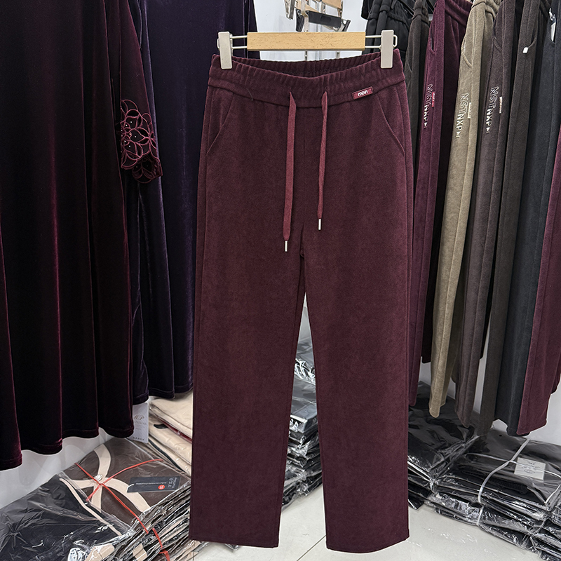 【春装新品】中年人安哥拉红条绒妈妈休闲直筒裤子女松紧高腰阔腿