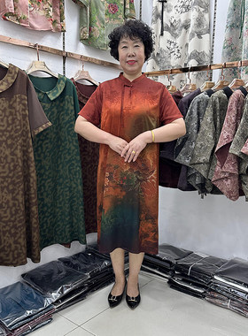国风盘扣真丝妈妈连衣裙短袖