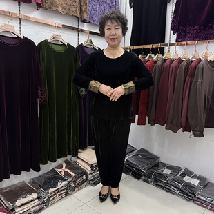 【春装新品】中年妈妈丝绒圆领长袖T恤衫+2025流行色休闲时尚套装
