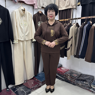 国风春秋新品中老年美式复古运动套装女连帽休闲妈妈小个子卫衣衫