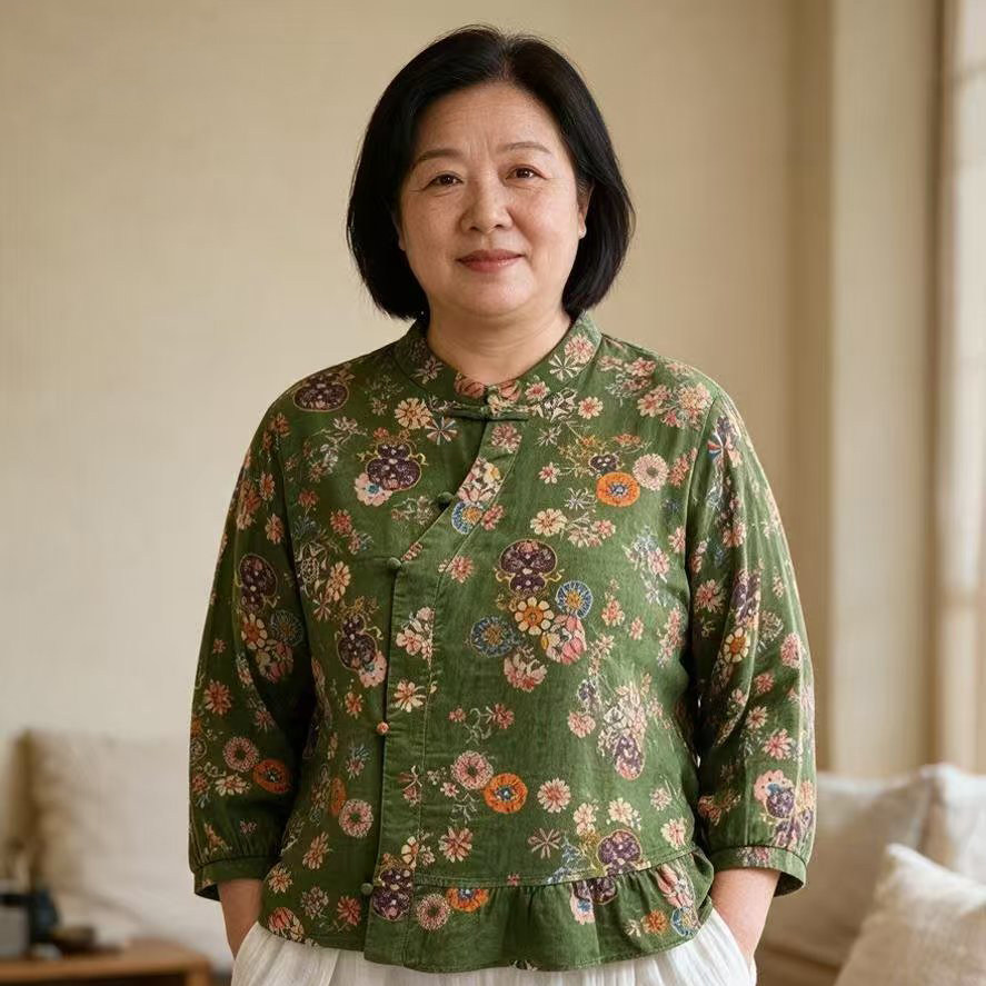 斜开襟中式中老年女装长袖上衣秋装纯棉妈妈秋衣单衣40-50岁60T恤