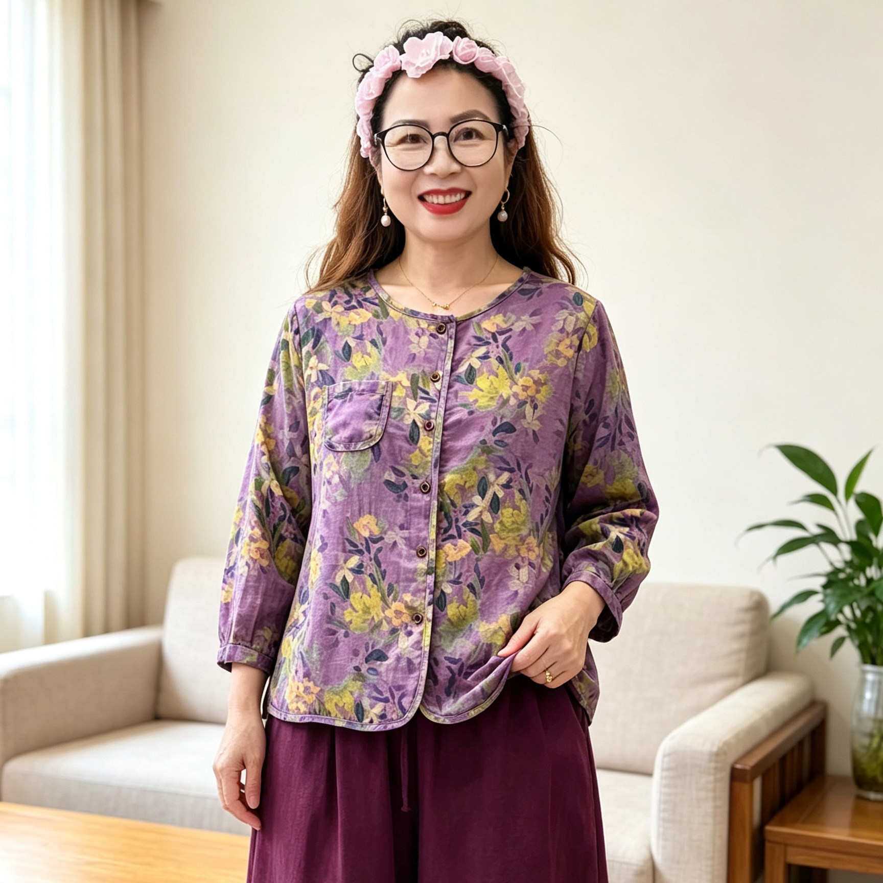 中老年女装夏装女棉纱上衣宽松40-50岁女式衬衫妈妈装七分袖大花