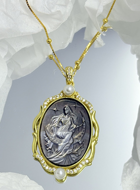 S925纯银天然贝雕黑蝶贝吊坠项链