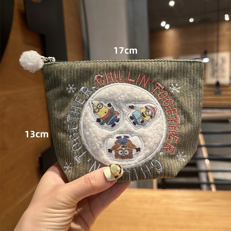 新款可爱卡通刺绣小黄人灯芯绒拉链化妆包零钱包口红粉饼补妆包
