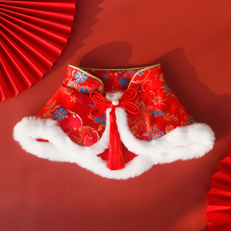 宠物新年围脖猫咪唐装盘扣刺绣红色保暖喜庆拜年披肩狗狗围兜拍照