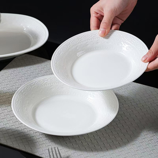 枫泓香榭丽舍系列浮雕高级感家用纯白釉下彩陶瓷饭盘中式菜盘