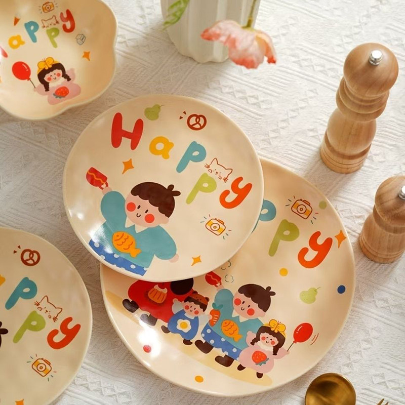 温暖小窝系列一家四口釉下彩陶瓷饭盘菜盘亲子卡通家庭装陶瓷盘子,餐饮具,盘,淘宝优惠券,粉丝福利购,淘宝优惠卷