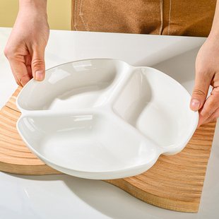 高颜值纯白圆形三格盘菜盘子分格早餐盘水果盘沙拉盘减脂盘可微波