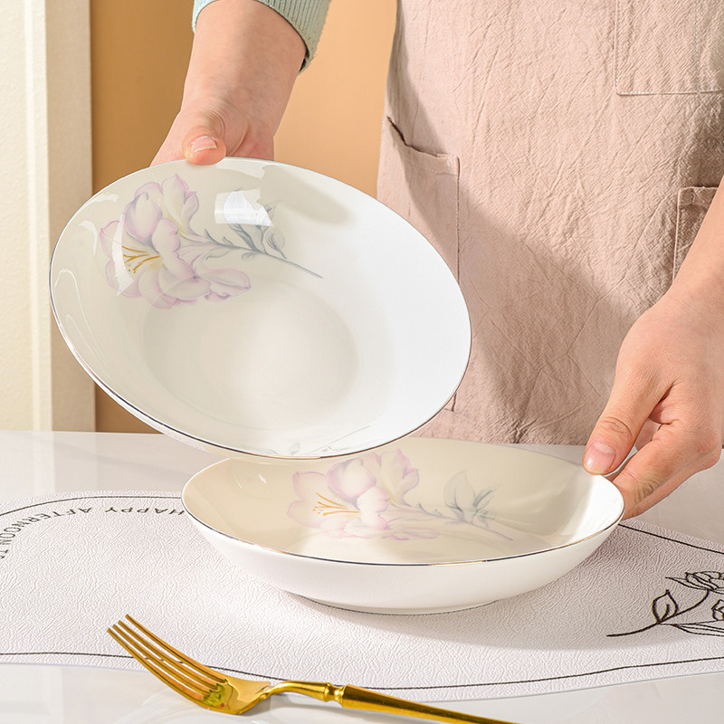 中式陶瓷盘圆形盘菜盘饭盘沙拉盘水果盘点心盘甜品盘耐高温可微波