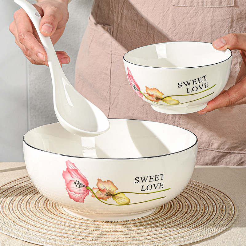 花朵图案家用饭碗汤碗餐具大号菜碗汤碗盛汤专用碗瓷质厚实耐高温,餐饮具,碗,淘宝优惠券,粉丝福利购,淘宝优惠卷