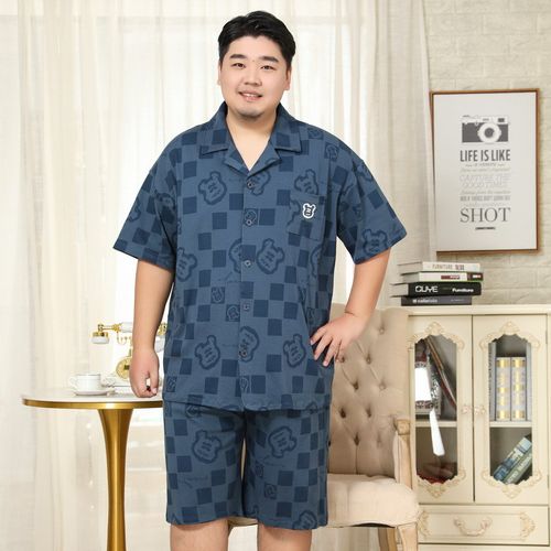 男士睡衣 夏季纯棉短袖短裤加肥加大码胖子280斤中青老家居服套装