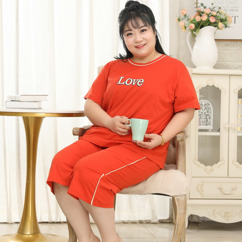 美基韵 纯棉女士夏圆领短袖七分裤 5XL胖MM加肥加大码家居服套装