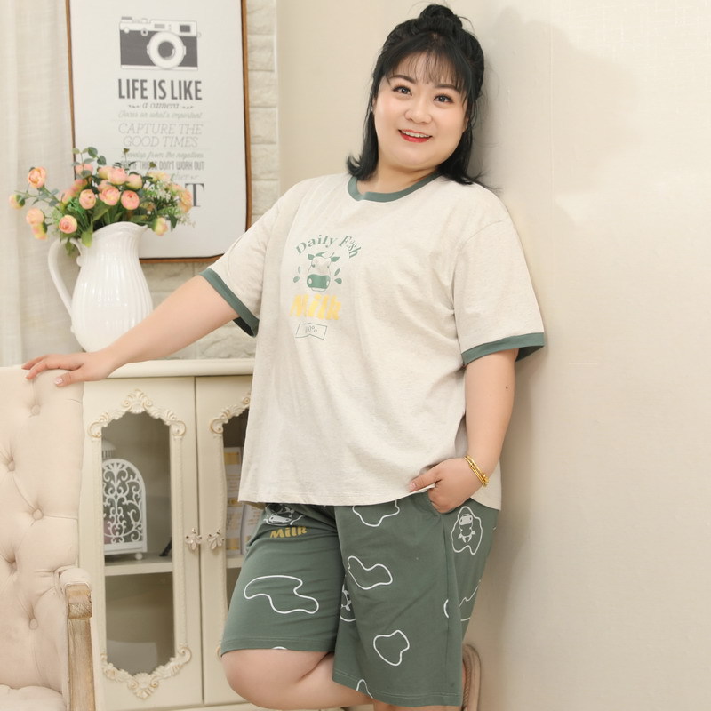 夏季纯棉女士圆领短袖短裤睡衣5XL胖MM加肥加大码家居服200斤套装