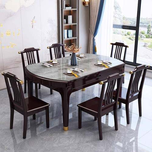 新中式岩板餐桌椅家用小户型可变圆桌2025新款吃饭桌实木电磁炉桌